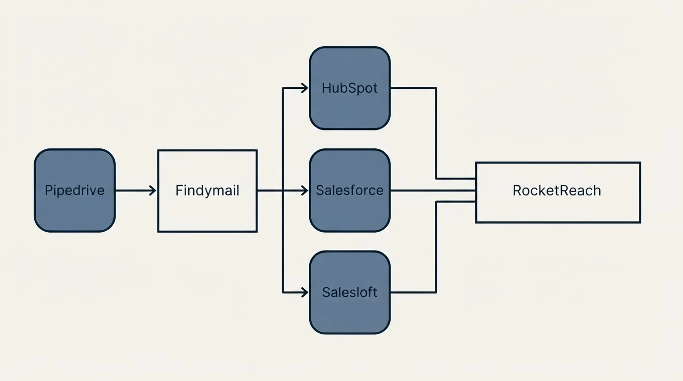 Integration flow: Integration Ecosystem (Findymail, RocketReach, HubSpot, Salesforce)