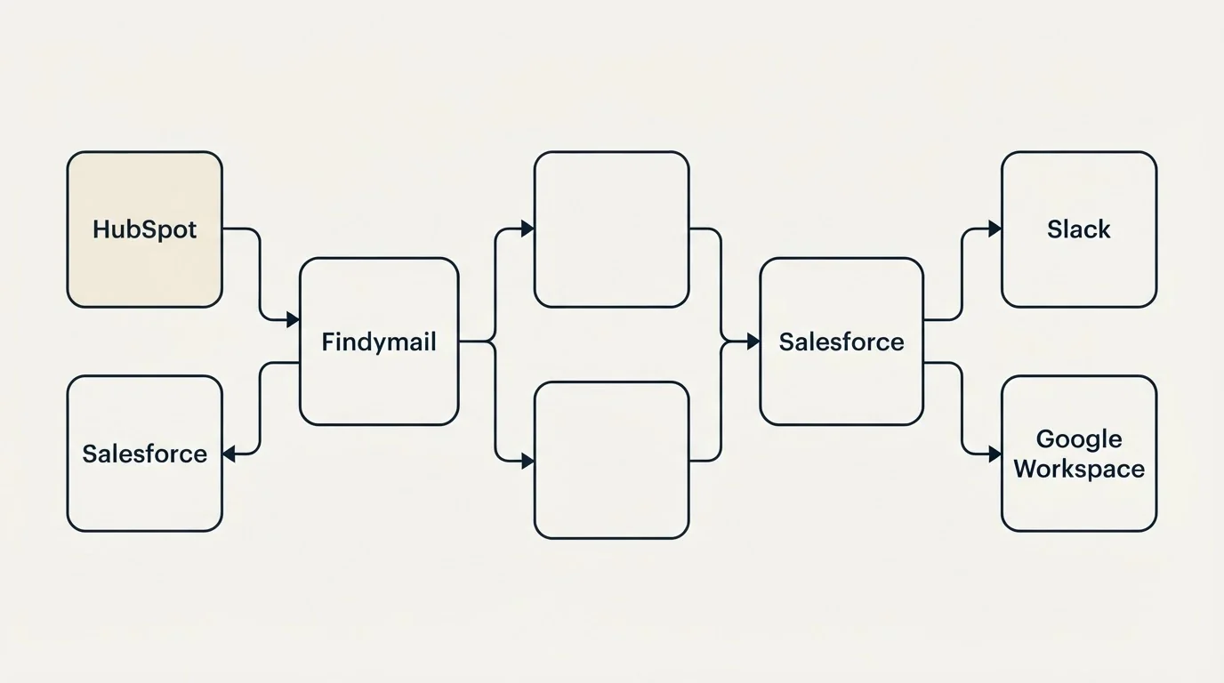 Integration flow: Integration Ecosystem (Findymail, Salesforce, HubSpot, Slack)