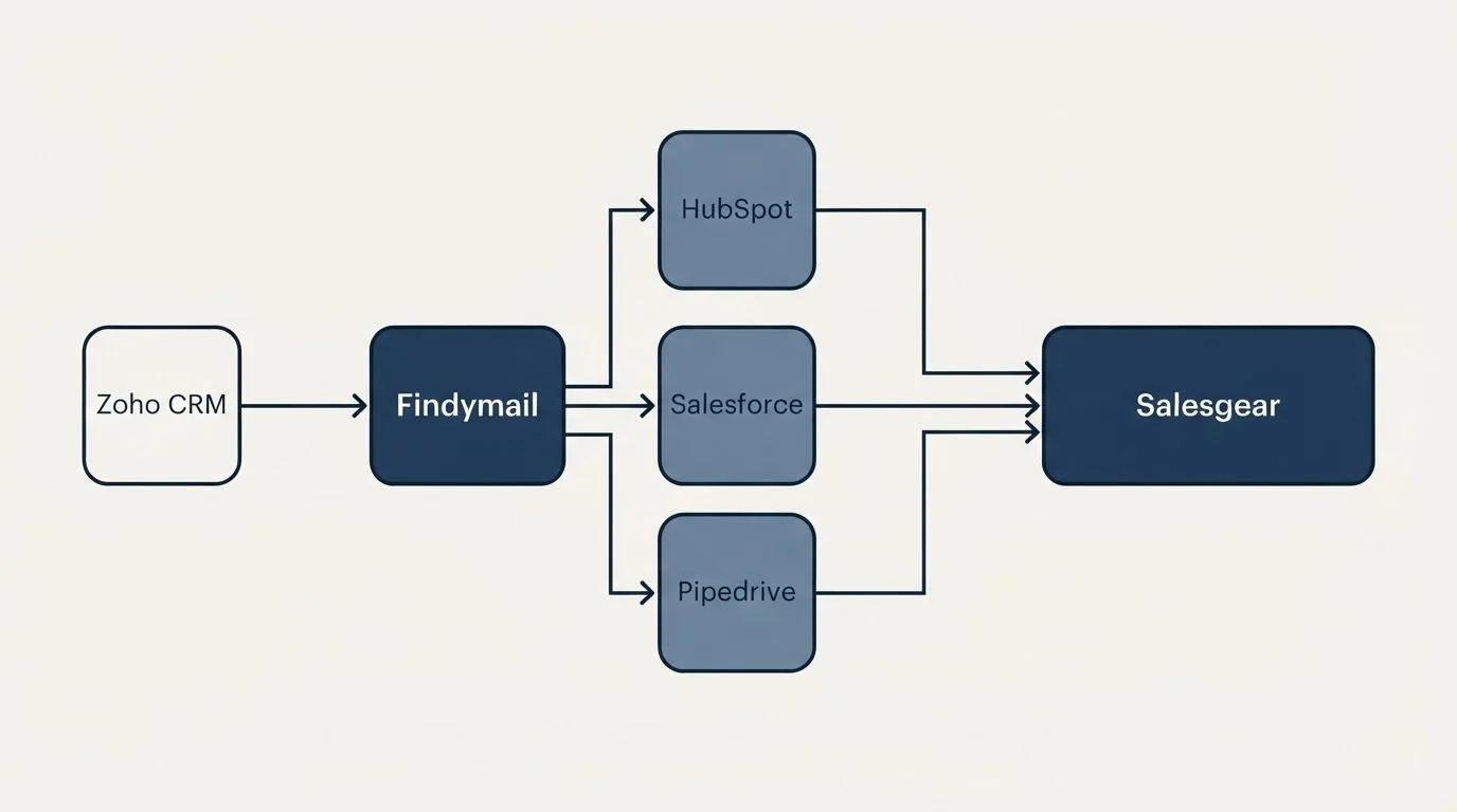 Integration flow: Integration Ecosystem (Findymail, Salesgear, HubSpot, Salesforce)