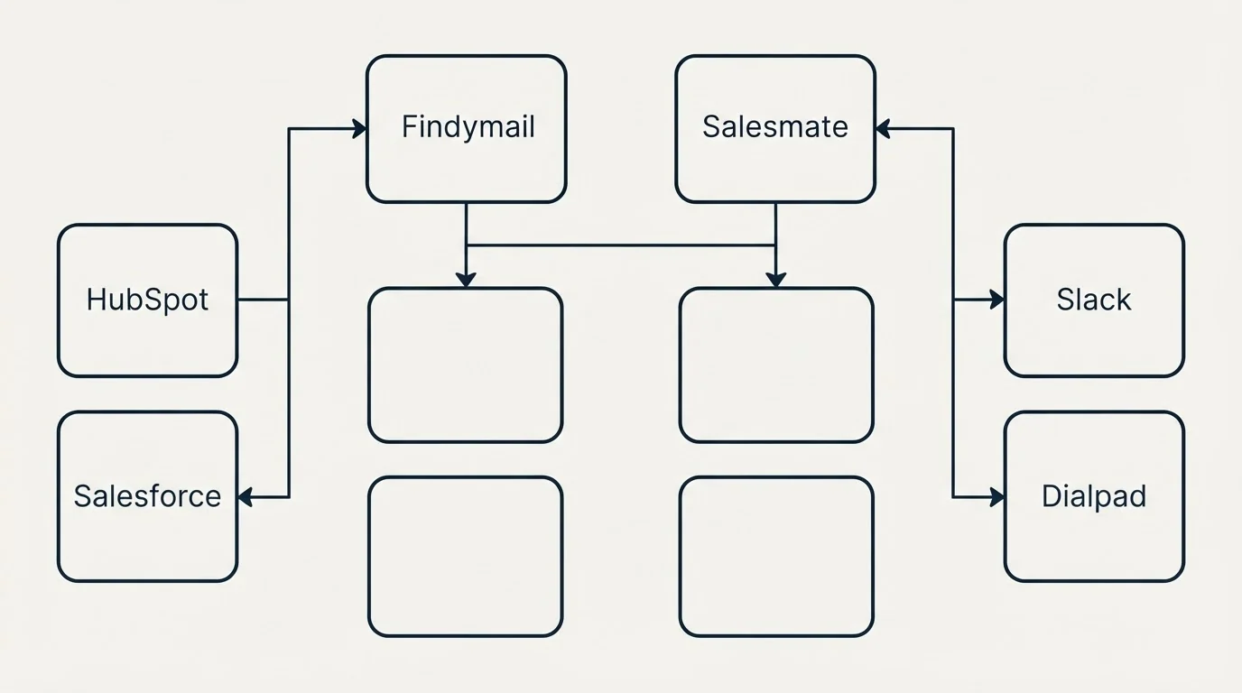 Integration grid: Integration Ecosystem (Findymail, Salesmate, HubSpot, Slack)