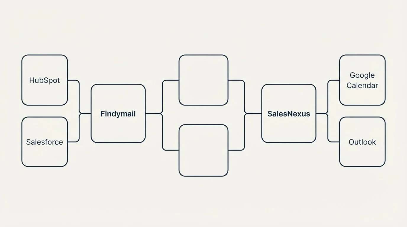 Integration schematic: Integration Ecosystem (Findymail, SalesNexus, HubSpot, Google Calendar)