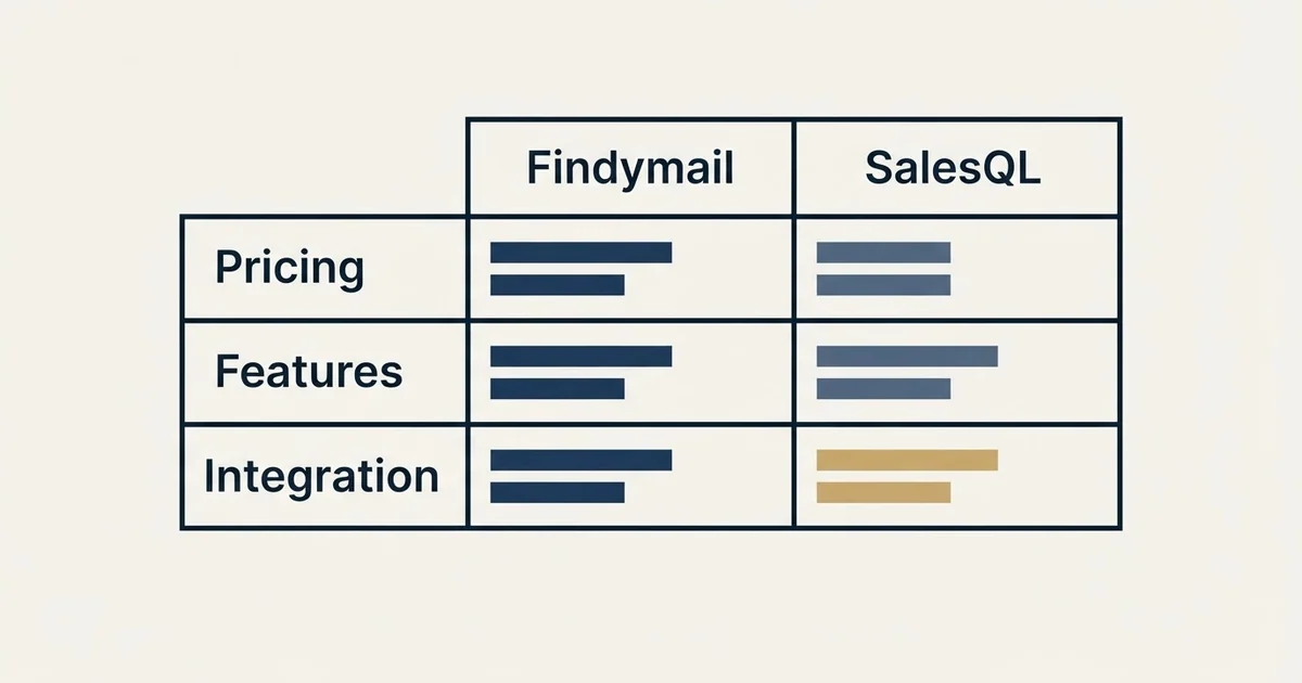 Comparison panel: Findymail vs SalesQL (Pricing, Features, Integration)