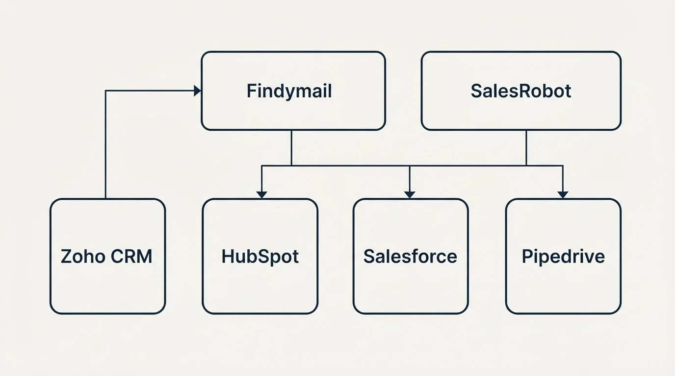 Integration grid: Integration Ecosystem (Findymail, SalesRobot, HubSpot, Salesforce)
