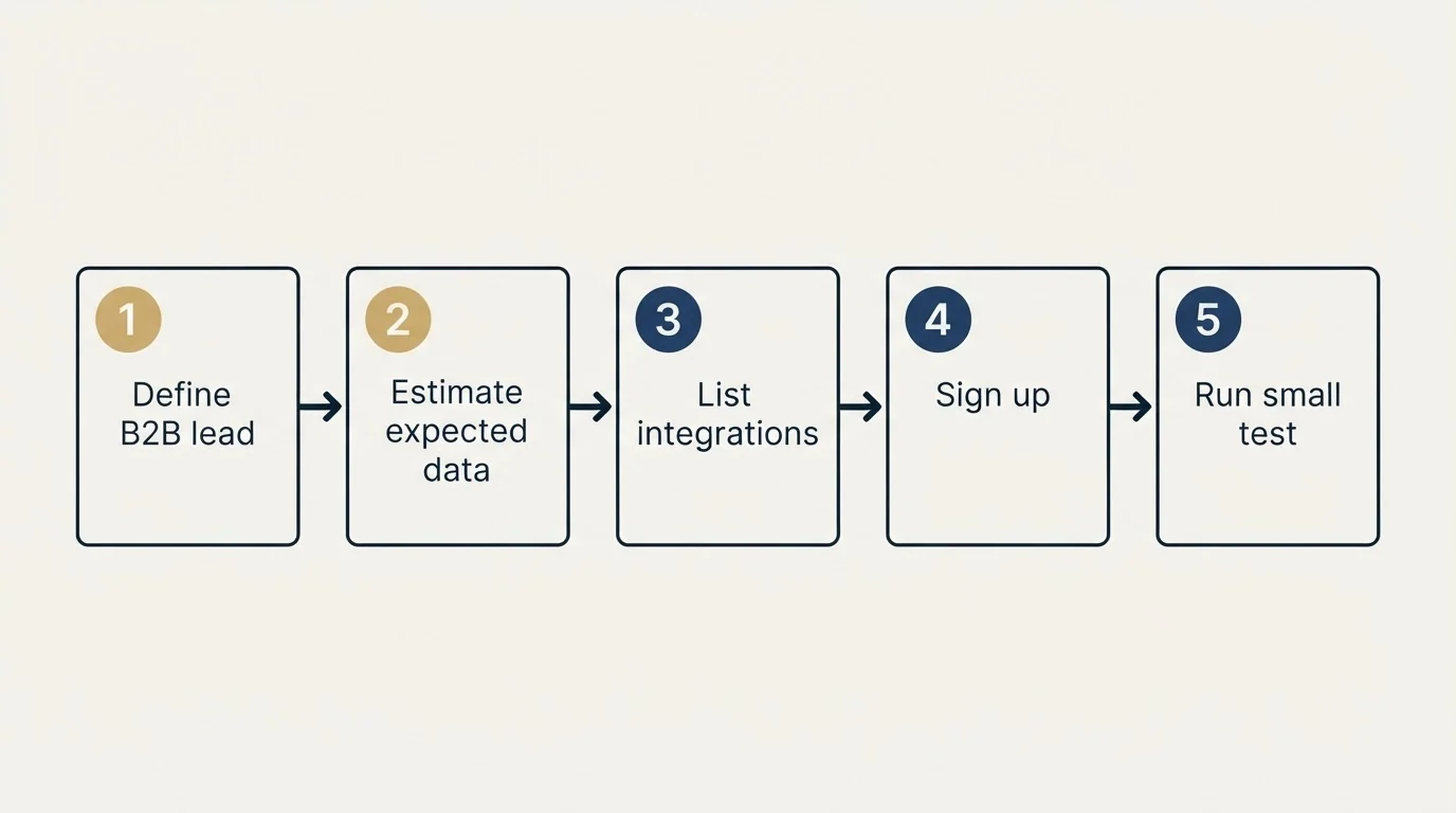 Step sequence: Getting Started Checklist (Define B2B lead, Estimate expected data, List integrations, Sign up)