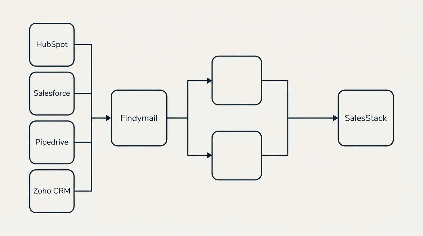 Integration flow: Integration Ecosystem (Findymail, SalesStack, HubSpot, Salesforce)