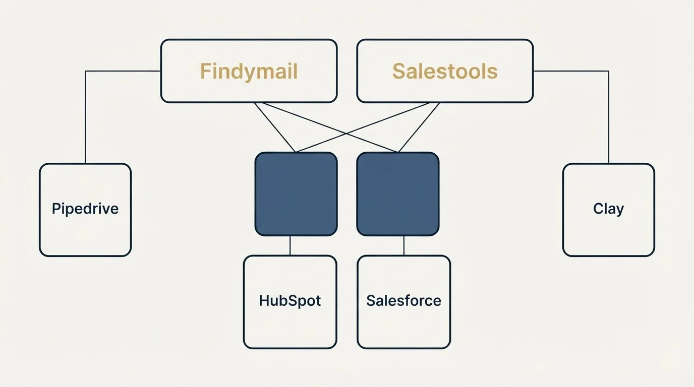Integration grid: Integration Ecosystem (Findymail, Salestools, HubSpot, Salesforce)
