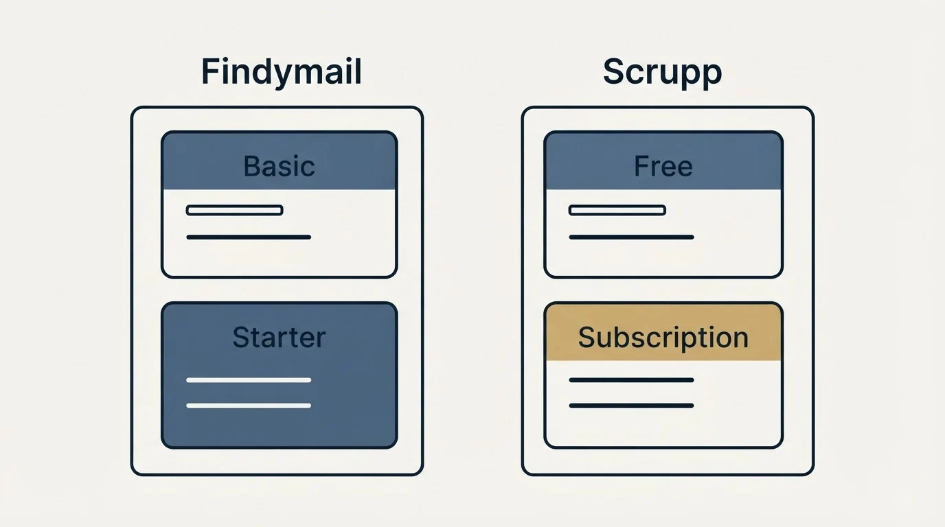 Pricing panels: Pricing Comparison (Findymail, Scrupp, Basic, Free)