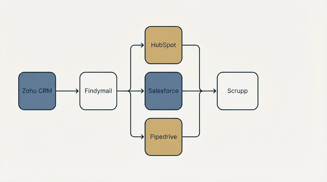 Integration flow: Integration Ecosystem (Findymail, Scrupp, HubSpot, Salesforce)