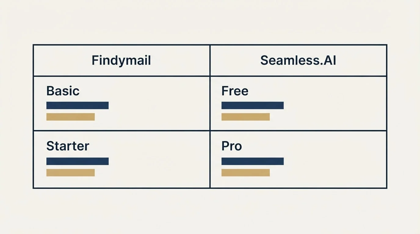 Pricing table: Pricing Comparison (Findymail, Seamless.AI, Basic, Free)