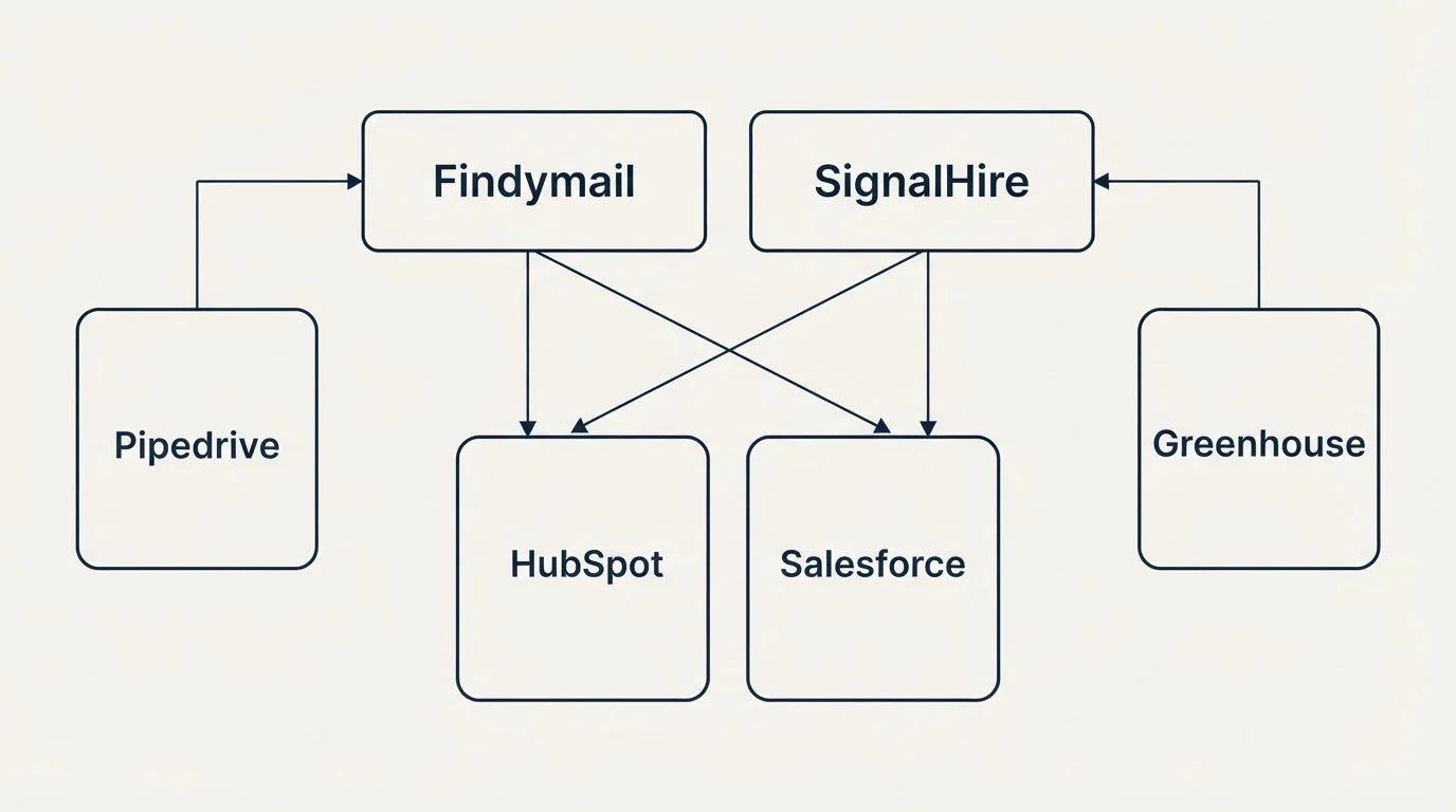 Integration grid: Integration Ecosystem (Findymail, SignalHire, HubSpot, Salesforce)