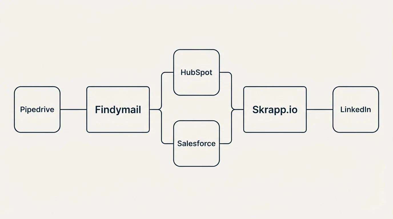 Integration flow: Integration Ecosystem (Findymail, Skrapp.io, HubSpot, Salesforce)