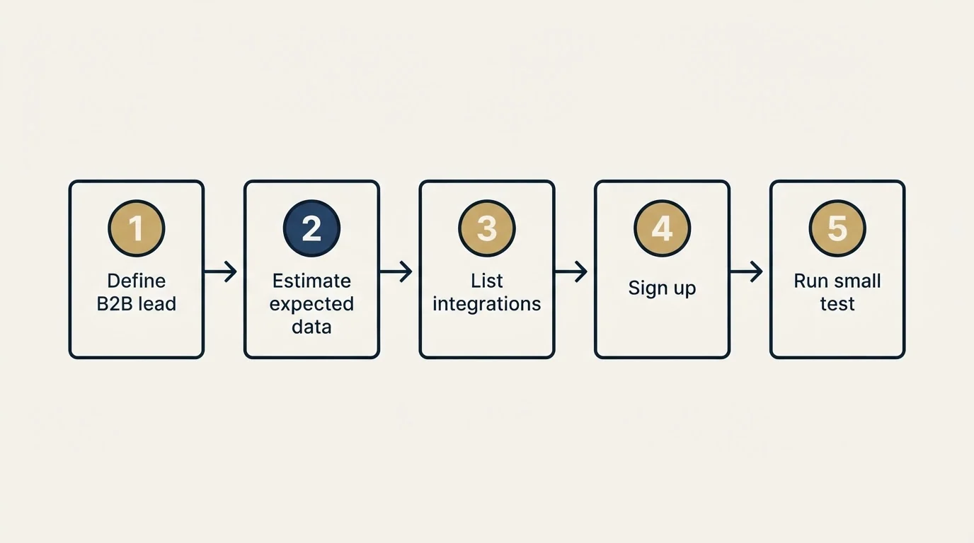 Step sequence: Getting Started Checklist (Define B2B lead, Estimate expected data, List integrations, Sign up)