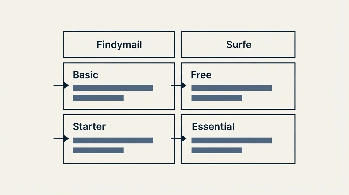 Pricing table: Pricing Comparison (Findymail, Surfe, Basic, Free)