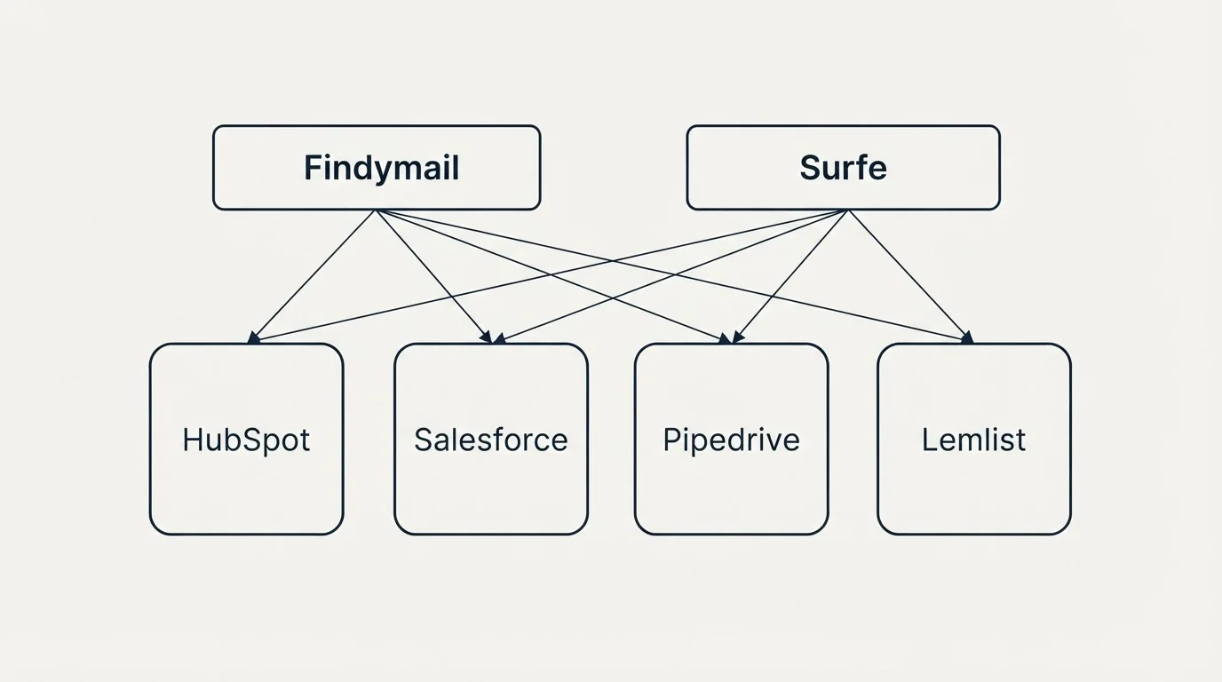 Integration grid: Integration Ecosystem (Findymail, Surfe, HubSpot, Salesforce)