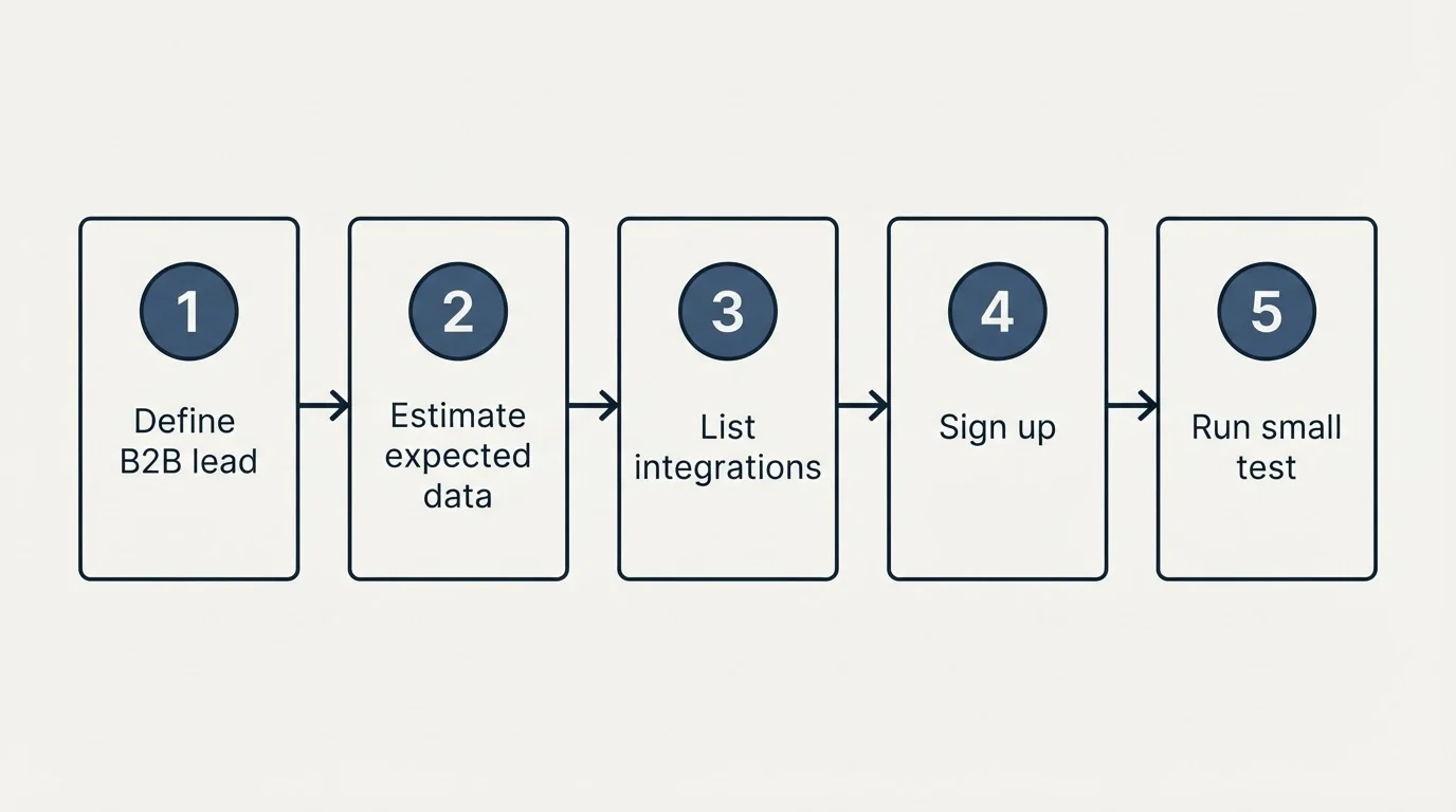 Step sequence: Getting Started Checklist (Define B2B lead, Estimate expected data, List integrations, Sign up)