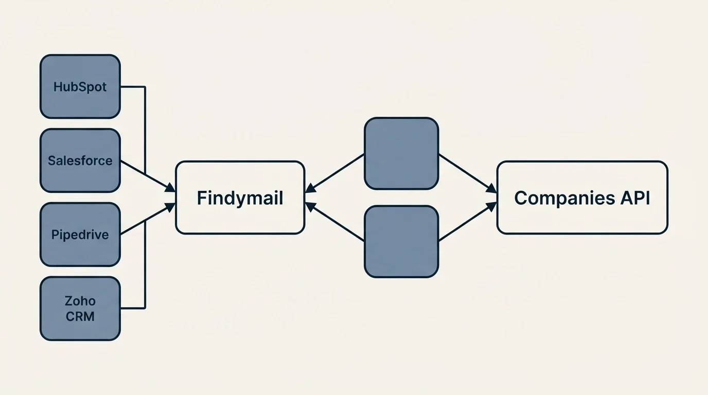 Integration schematic: Integration Ecosystem (Findymail, Companies API, HubSpot, Salesforce)