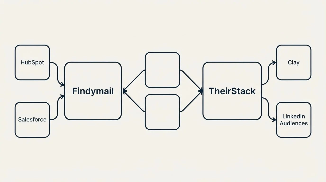 Integration schematic: Integration Ecosystem (Findymail, TheirStack, HubSpot, Clay)