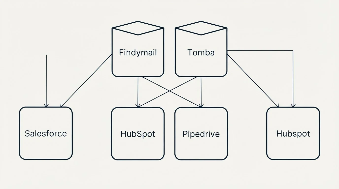 Integration grid: Integration Ecosystem (Findymail, Tomba, HubSpot, Pipedrive)