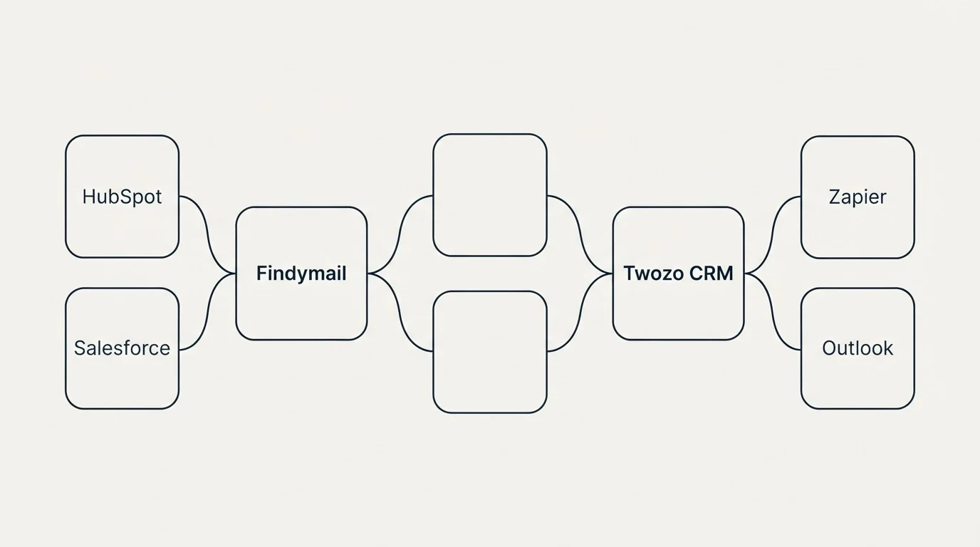 Integration schematic: Integration Ecosystem (Findymail, Twozo CRM, HubSpot, Zapier)