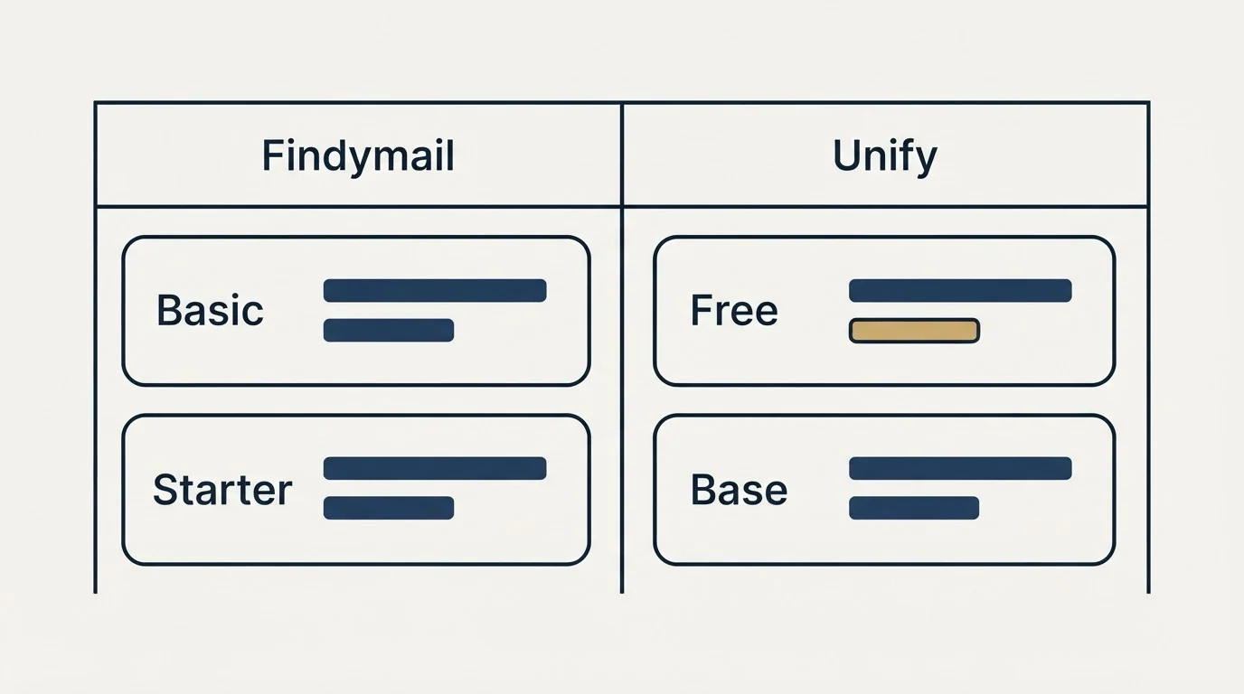 Pricing table: Pricing Comparison (Findymail, Unify, Basic, Free)