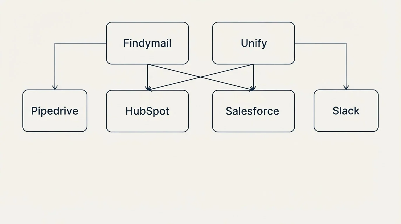 Integration grid: Integration Ecosystem (Findymail, Unify, HubSpot, Salesforce)