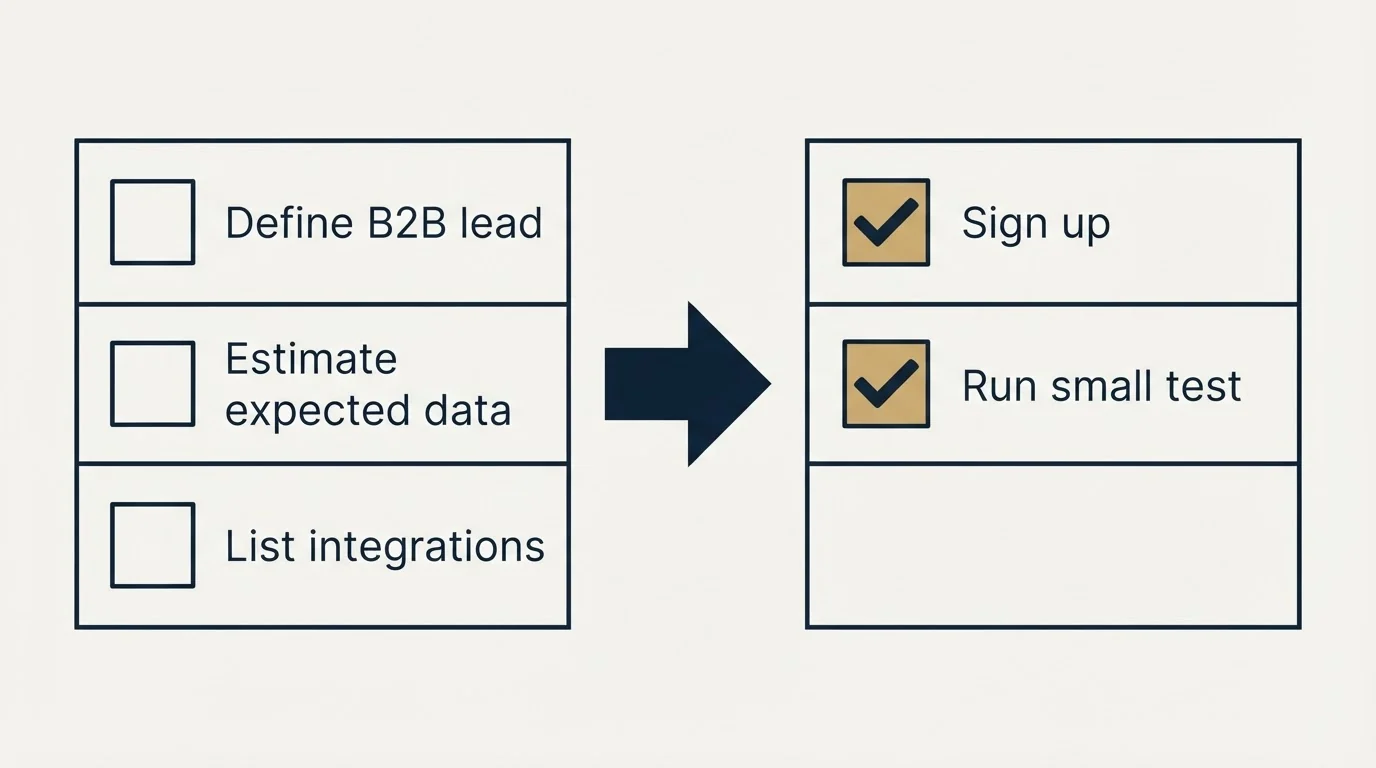 Before-and-after steps: Getting Started Checklist (Define B2B lead, Estimate expected data, List integrations, Sign up)