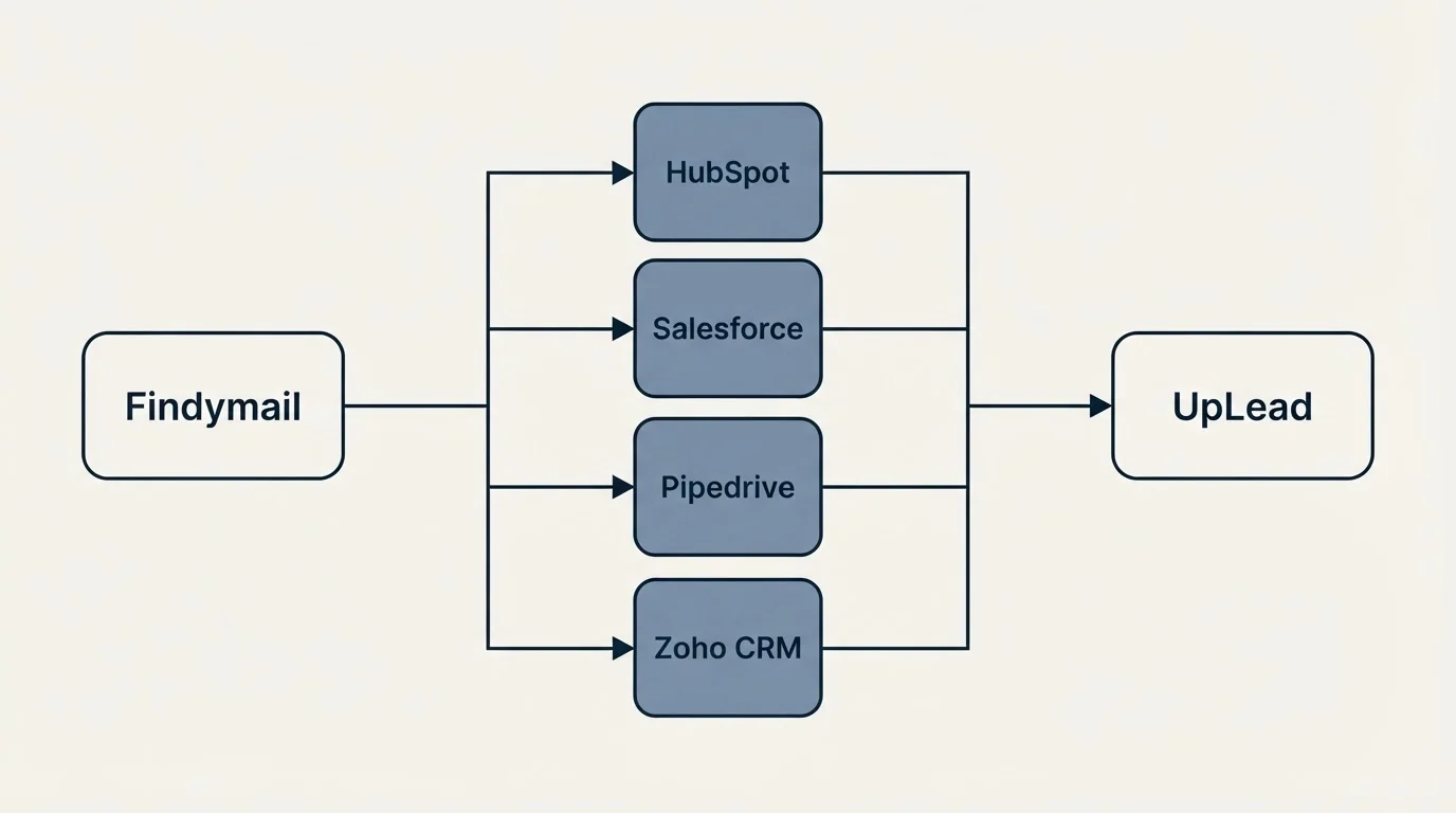 Integration flow: Integration Ecosystem (Findymail, UpLead, HubSpot, Salesforce)