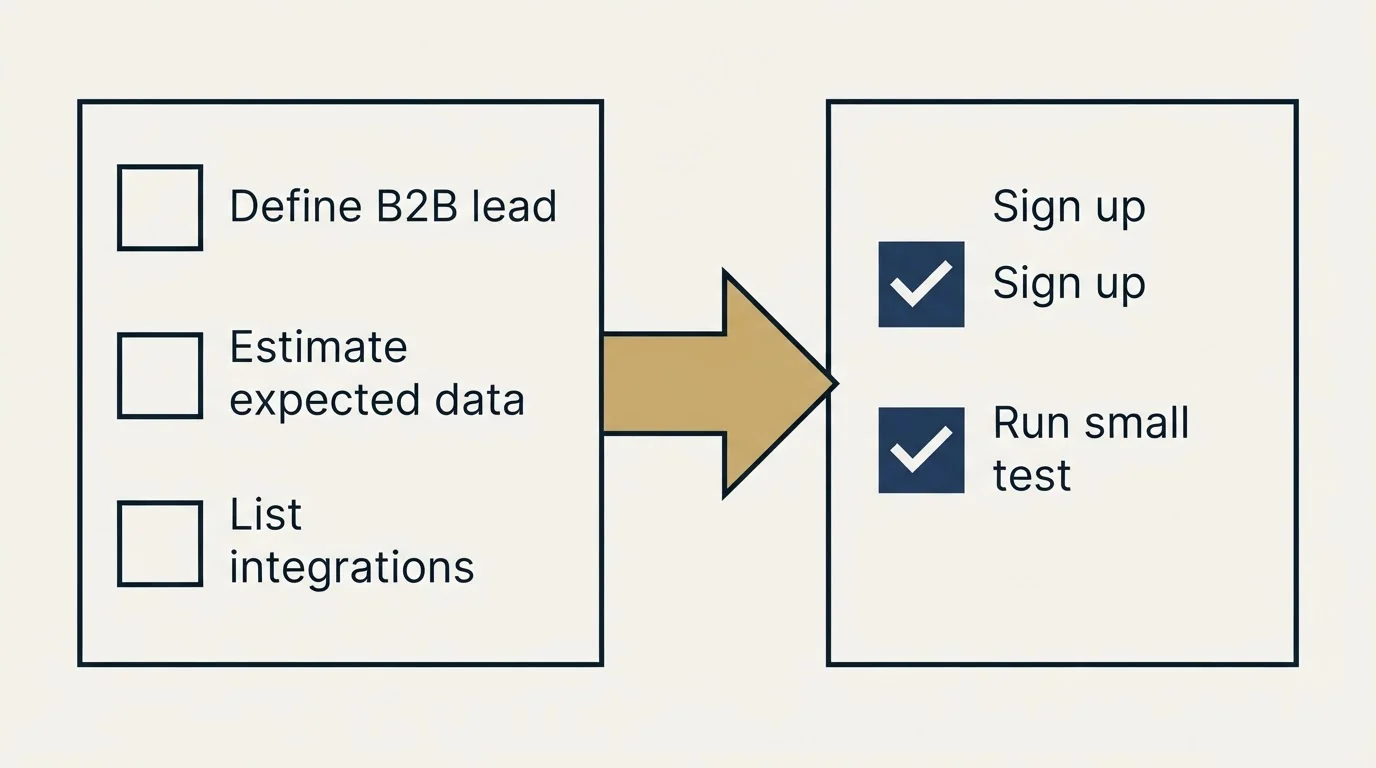 Before-and-after steps: Getting Started Checklist (Define B2B lead, Estimate expected data, List integrations, Sign up)