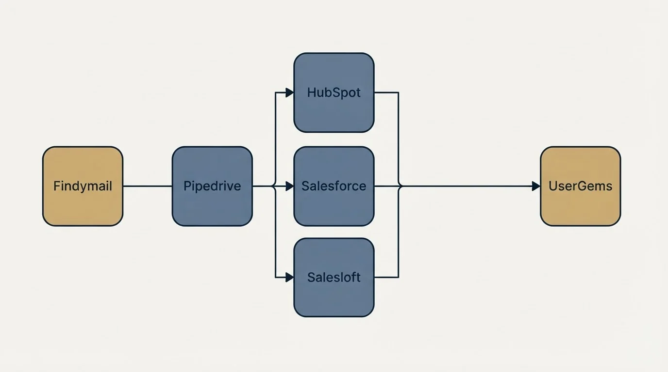 Integration flow: Integration Ecosystem (Findymail, UserGems, HubSpot, Salesforce)