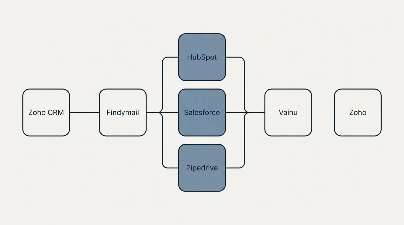 Integration flow: Integration Ecosystem (Findymail, Vainu, HubSpot, Salesforce)