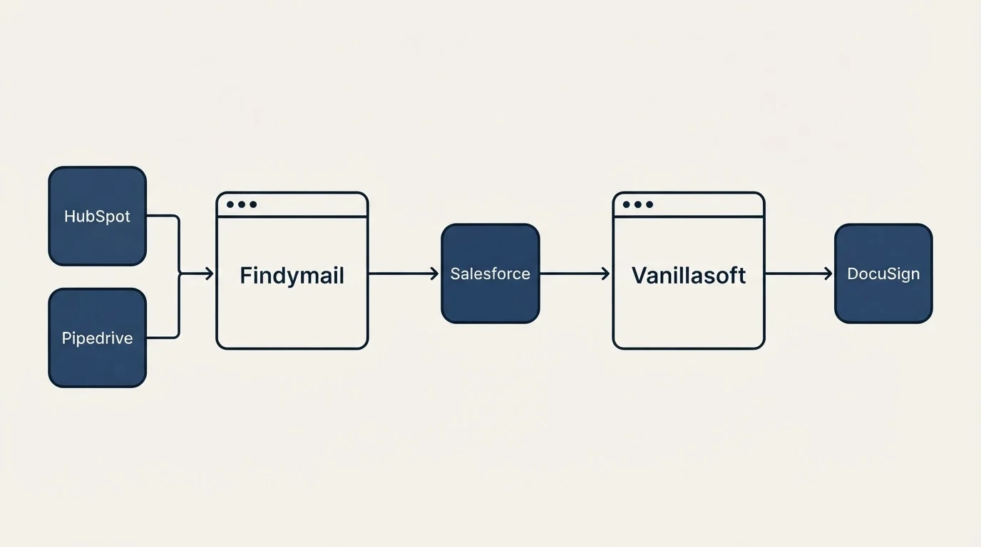 Integration flow: Integration Ecosystem (Findymail, Vanillasoft, Salesforce, HubSpot)