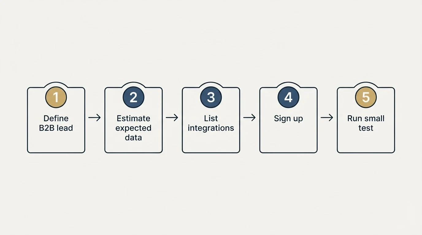 Step sequence: Getting Started Checklist (Define B2B lead, Estimate expected data, List integrations, Sign up)