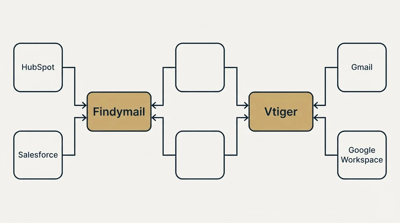 Integration flow: Integration Ecosystem (Findymail, Vtiger, HubSpot, Gmail)