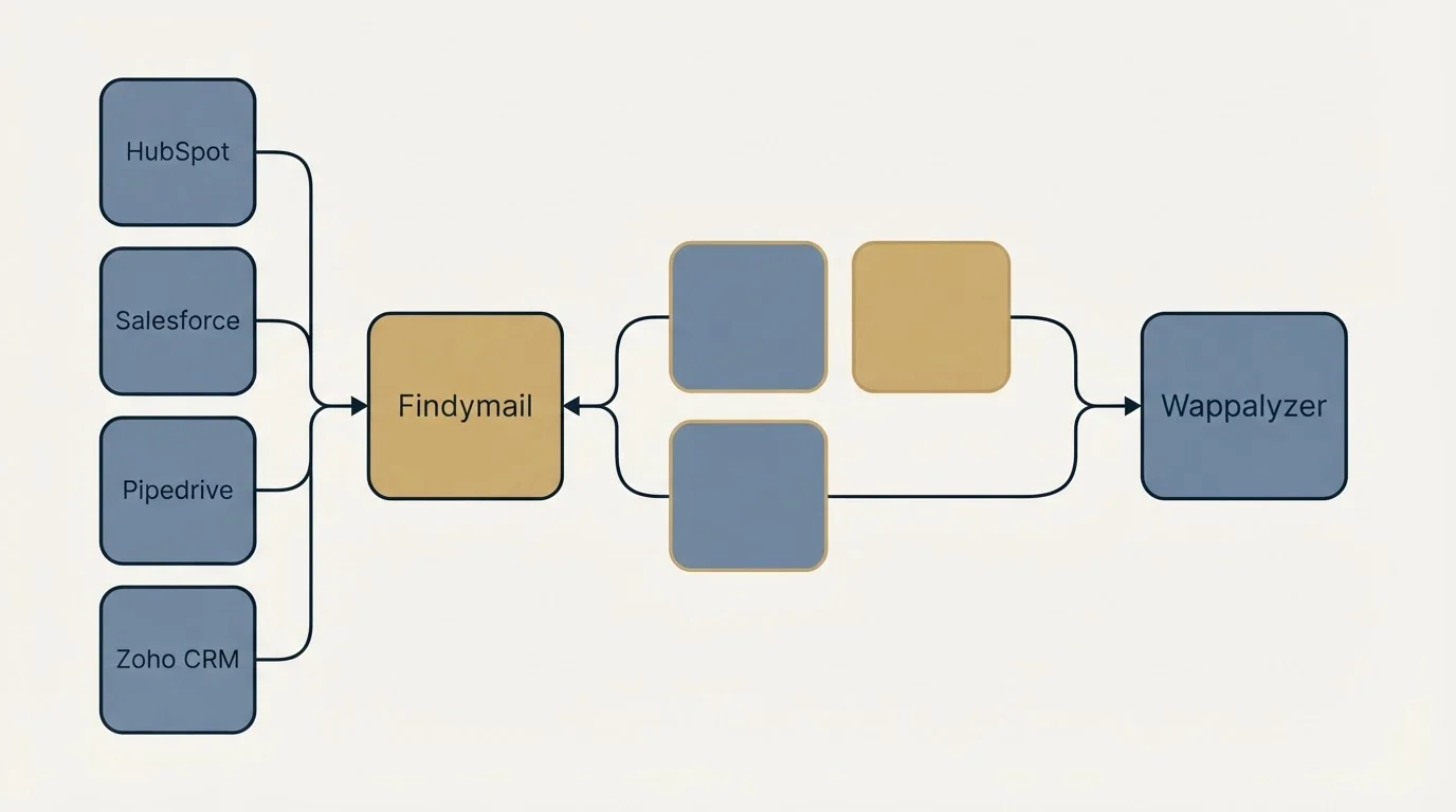 Integration schematic: Integration Ecosystem (Findymail, Wappalyzer, HubSpot, Salesforce)