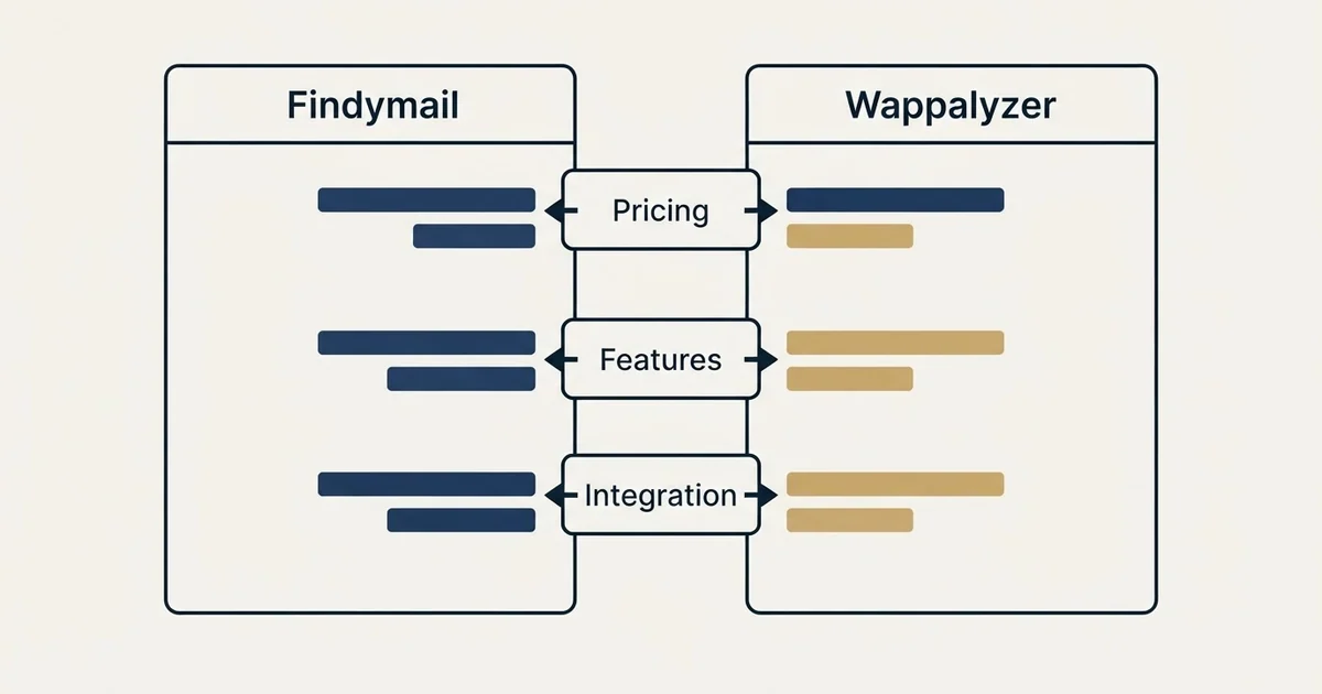 Comparison panel: Findymail vs Wappalyzer (Pricing, Features, Integration)
