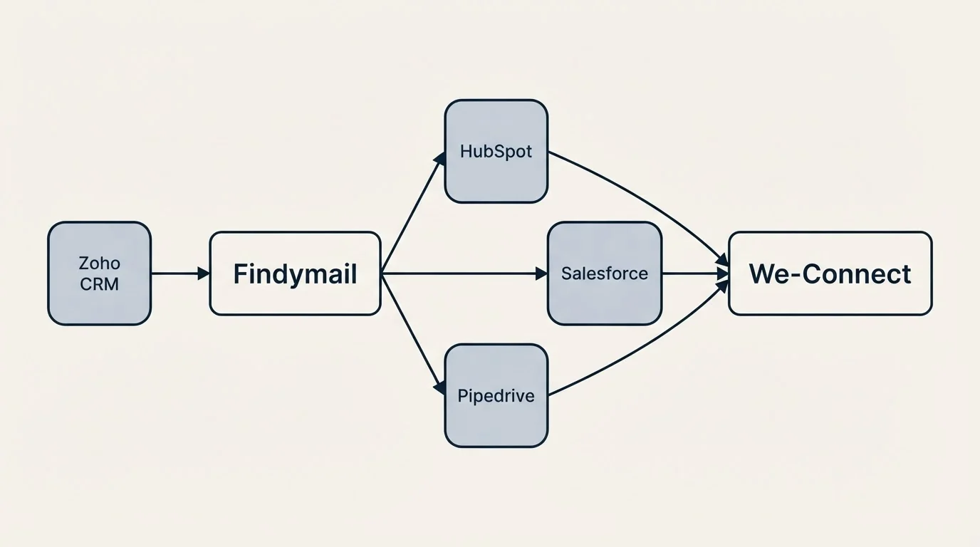 Integration schematic: Integration Ecosystem (Findymail, We-Connect, HubSpot, Salesforce)