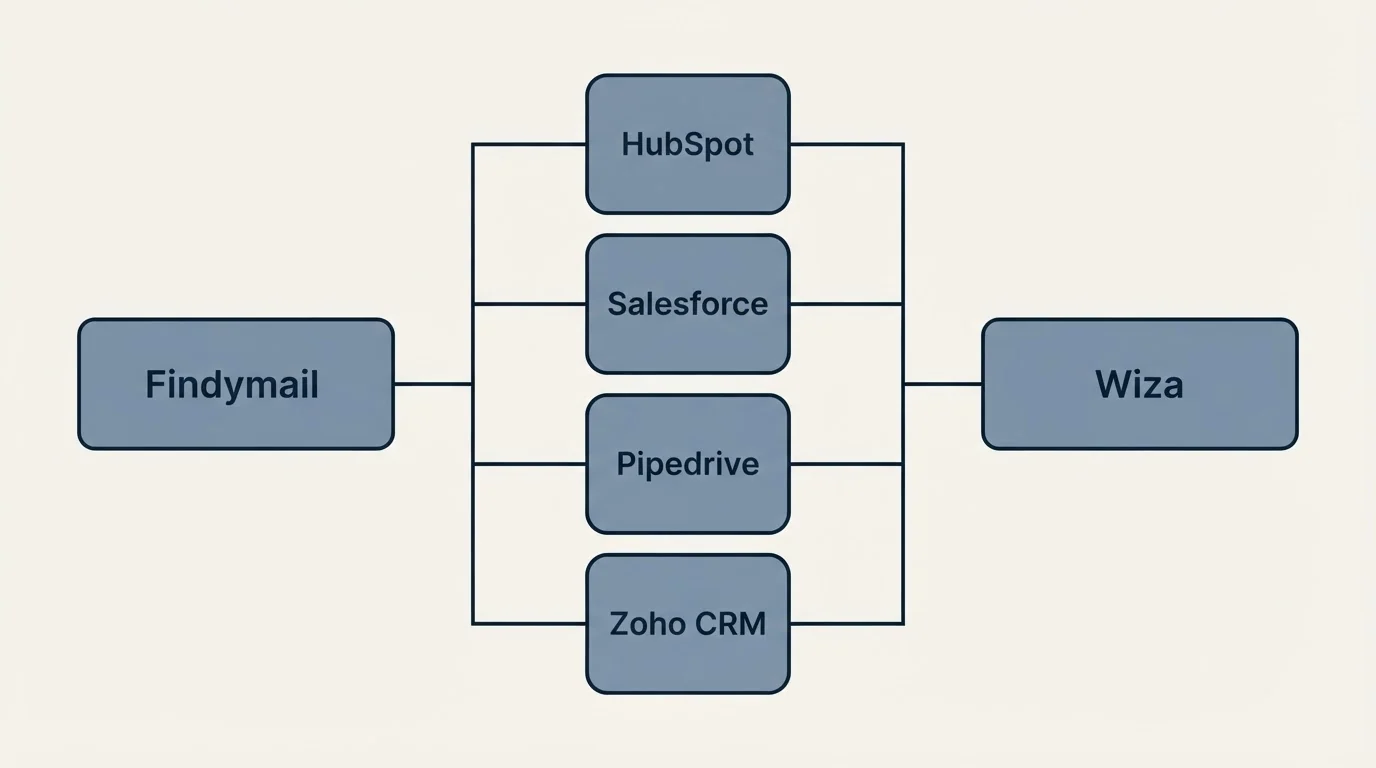 Integration flow: Integration Ecosystem (Findymail, Wiza, HubSpot, Salesforce)