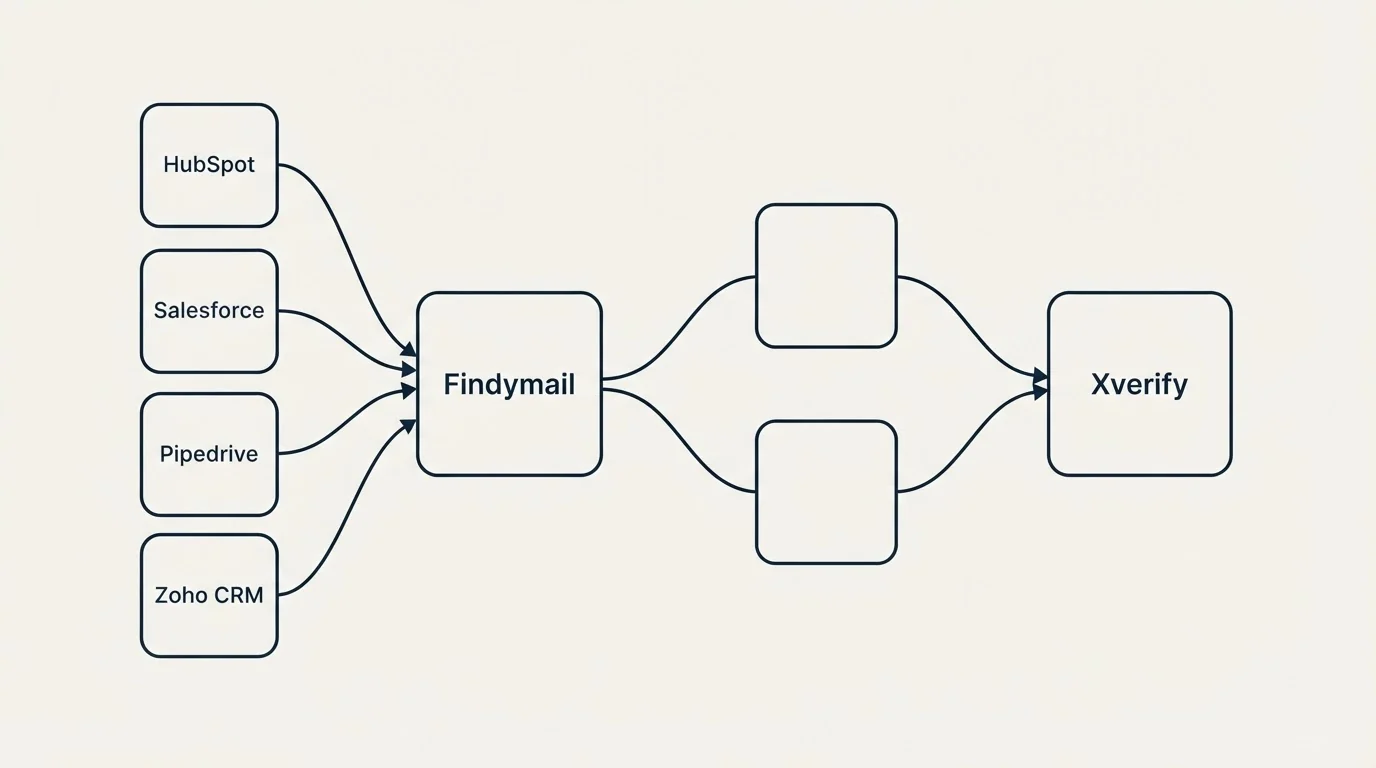Integration schematic: Integration Ecosystem (Findymail, Xverify, HubSpot, Salesforce)