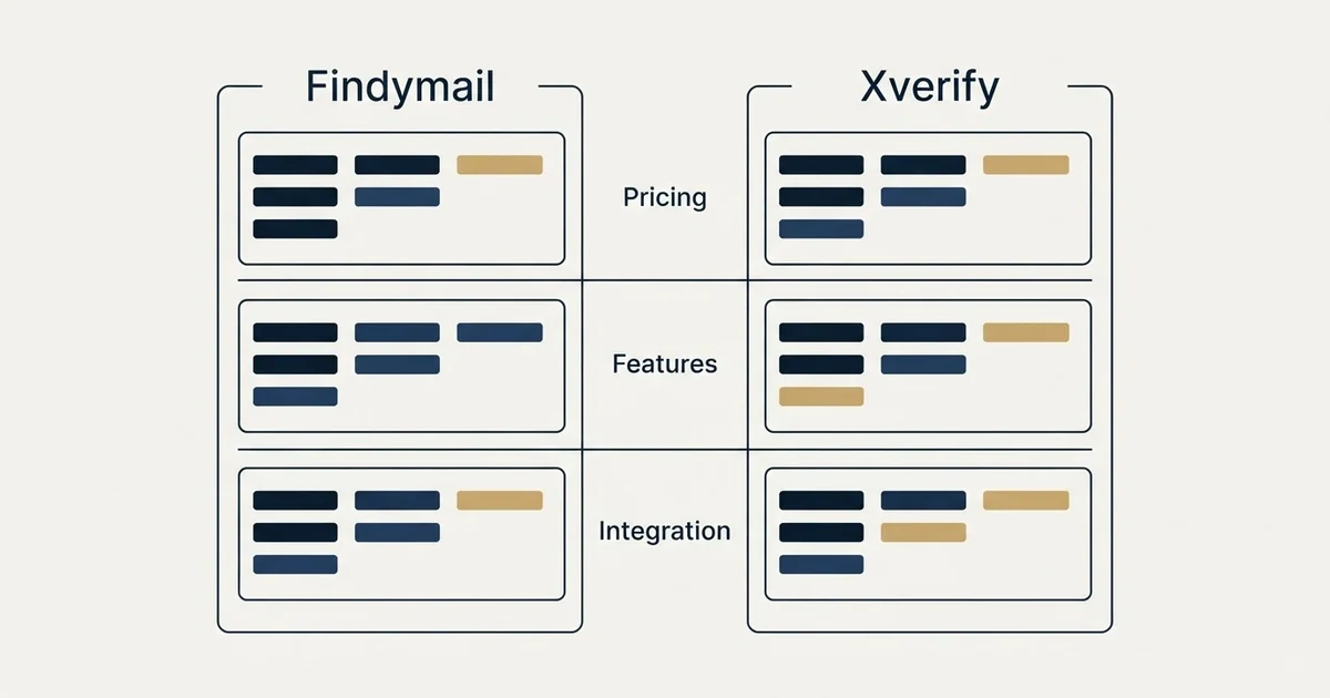 Comparison panel: Findymail vs Xverify (Pricing, Features, Integration)