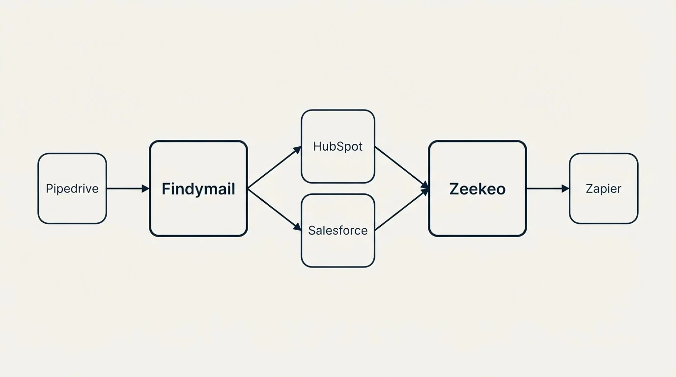 Integration schematic: Integration Ecosystem (Findymail, Zeekeo, HubSpot, Salesforce)