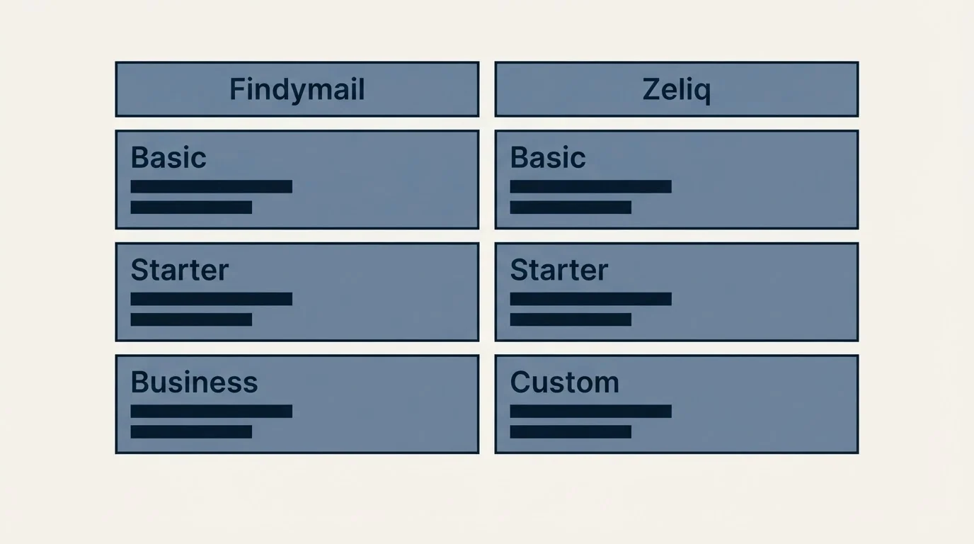 Pricing table: Pricing Comparison (Findymail, Zeliq, Basic, Starter)
