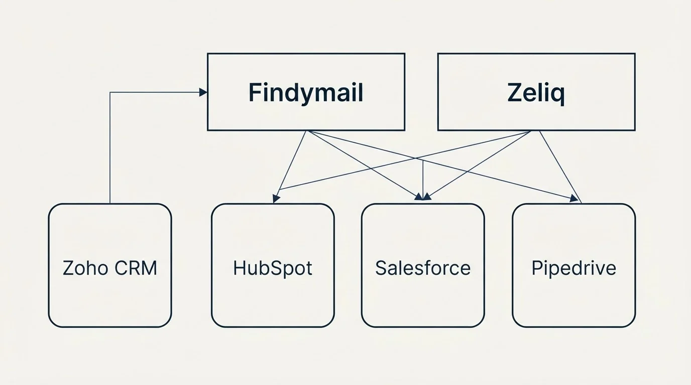 Integration grid: Integration Ecosystem (Findymail, Zeliq, HubSpot, Salesforce)