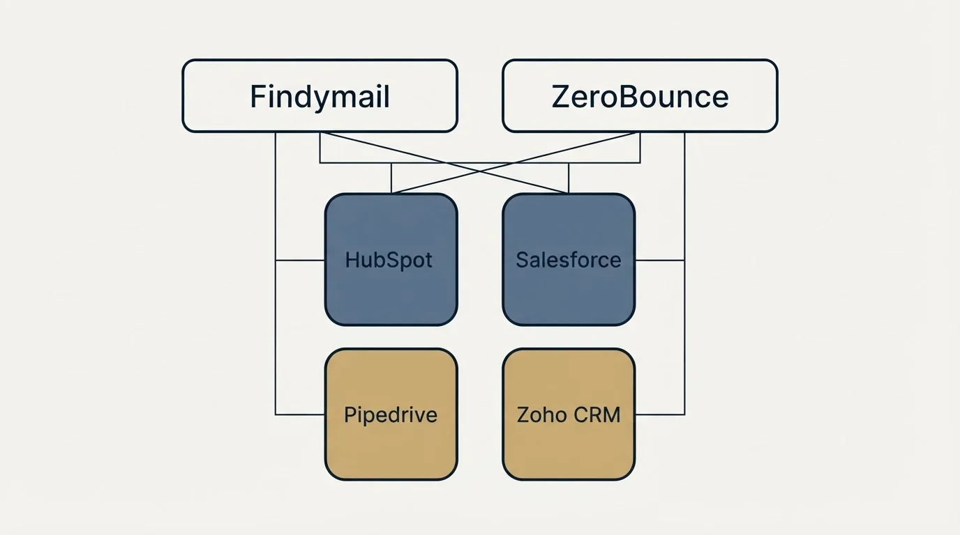 Integration grid: Integration Ecosystem (Findymail, ZeroBounce, HubSpot, Salesforce)