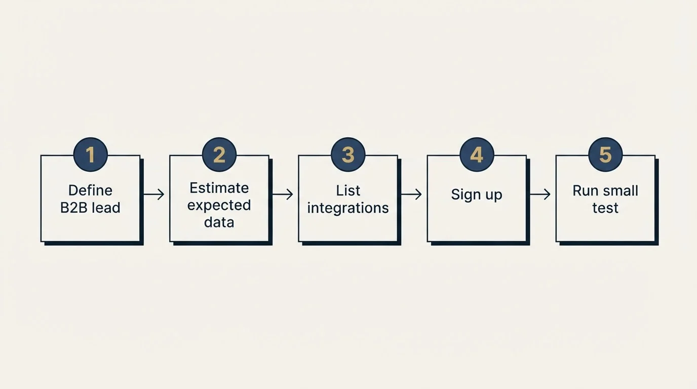 Step sequence: Getting Started Checklist (Define B2B lead, Estimate expected data, List integrations, Sign up)