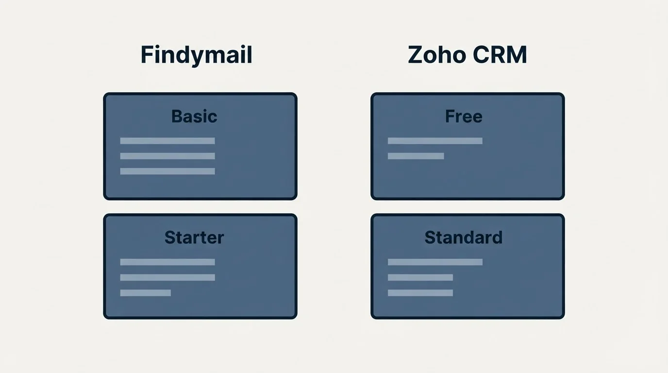 Pricing panels: Pricing Comparison (Findymail, Zoho CRM, Basic, Free)