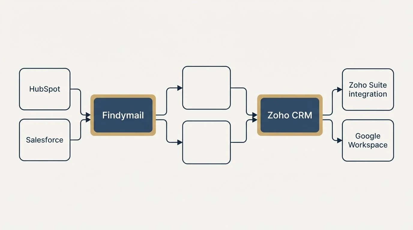 Integration schematic: Integration Ecosystem (Findymail, Zoho CRM, HubSpot, Zoho Suite integration)