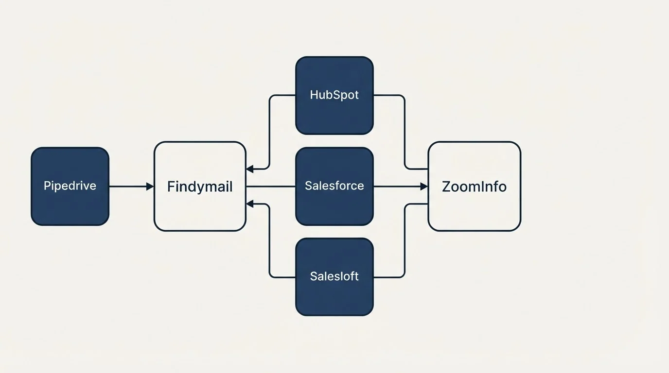 Integration flow: Integration Ecosystem (Findymail, ZoomInfo, HubSpot, Salesforce)