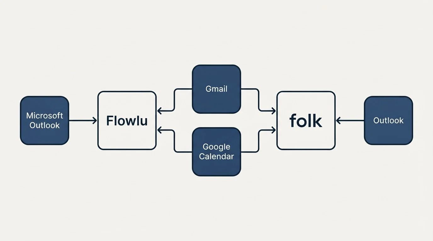 Integration schematic: Integration Ecosystem (Flowlu, folk, Gmail, Google Calendar)