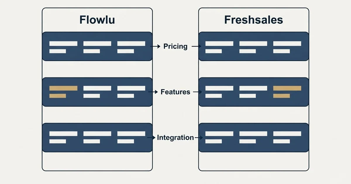 Comparison panel: Flowlu vs Freshsales (Pricing, Features, Integration)