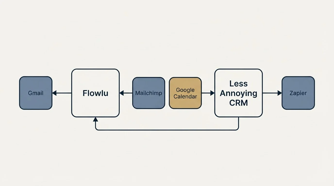 Integration schematic: Integration Ecosystem (Flowlu, Less Annoying CRM, Mailchimp, Google Calendar)